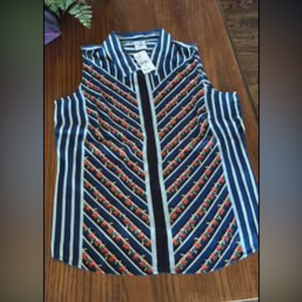 CAbi Navy and Red Striped Sleeveless Shirt